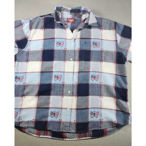Company One‎ Womens Short Sleeve Shirt 2X Plaid Butterfly Red Blue Patriotic Vtg